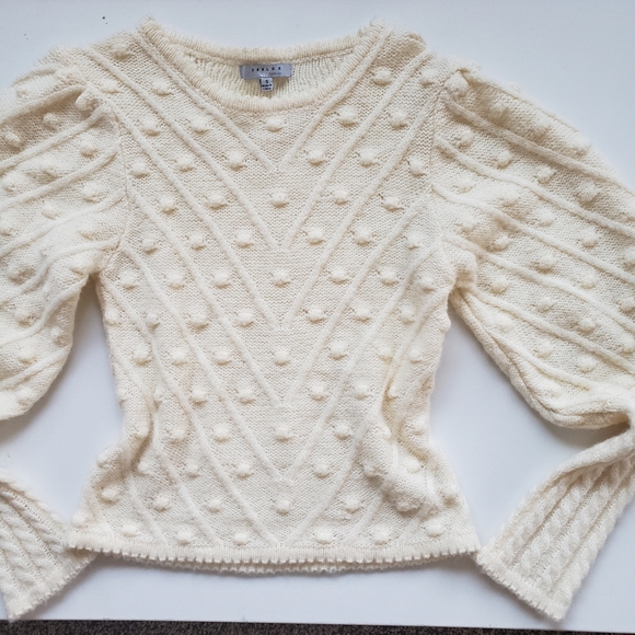 FavLux Fashion Cream Bobble Popcorn V Knit Crewneck Sweater Bishop Sleeves - Picture 6 of 14